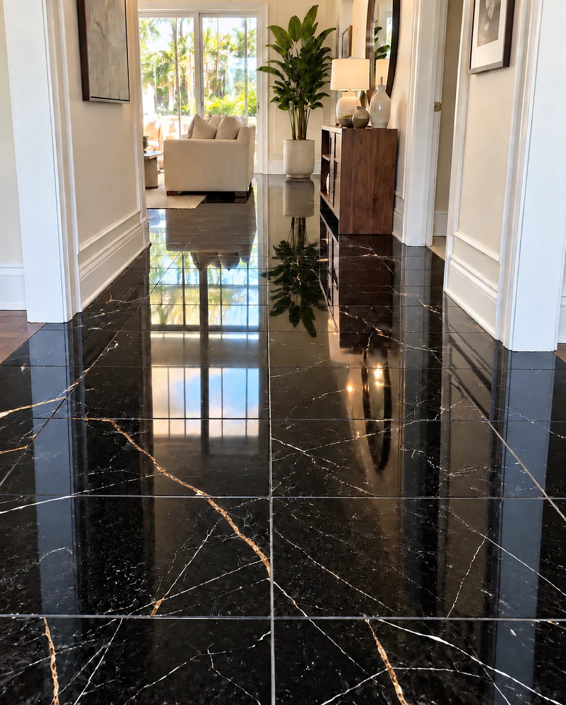 The same black marble entry floor polished to a mirror finish by Marble Mechanics in Tampa Bay
