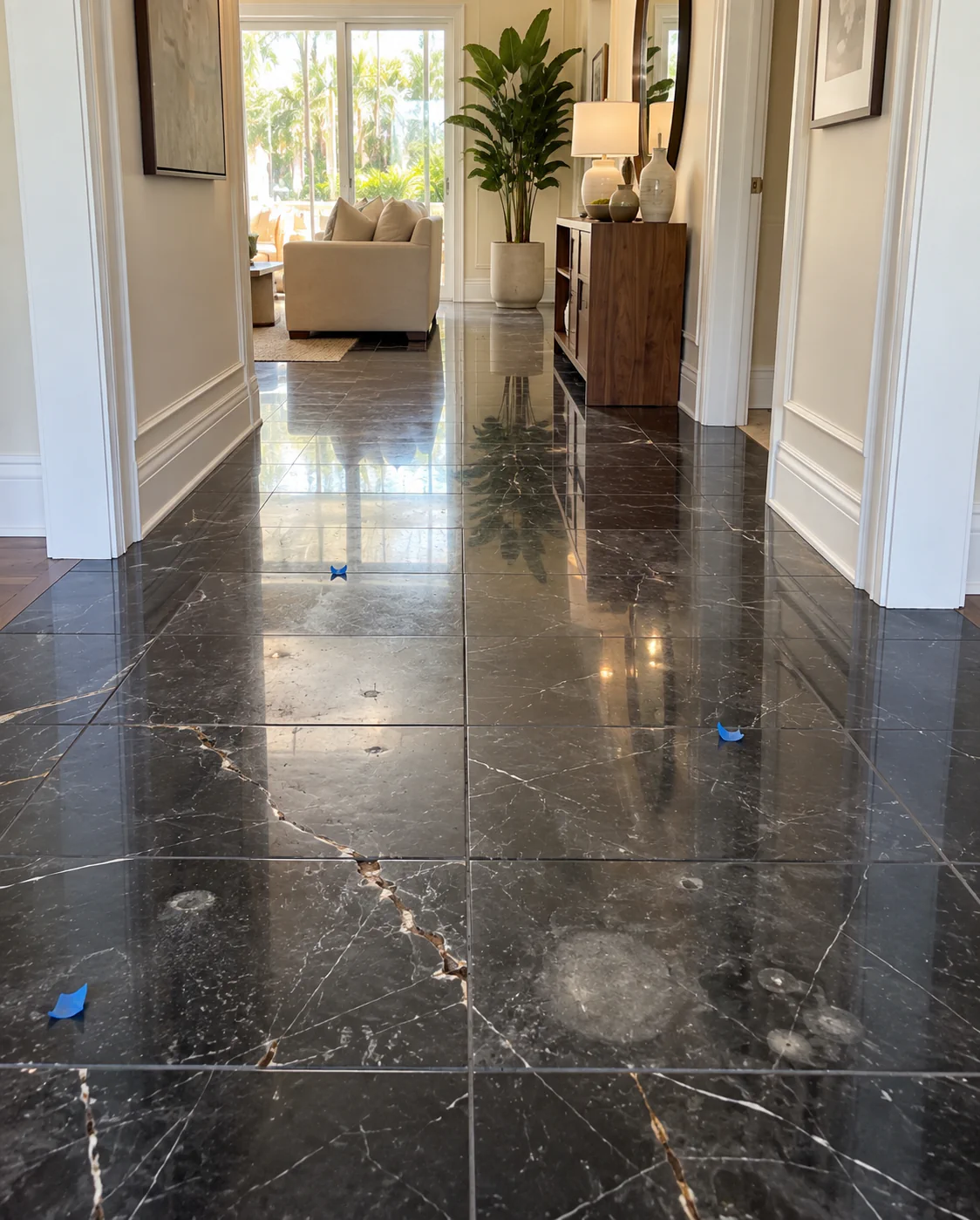 Blue tape marking every defect on a black marble entry floor during a walkthrough with the homeowner in Tampa Bay