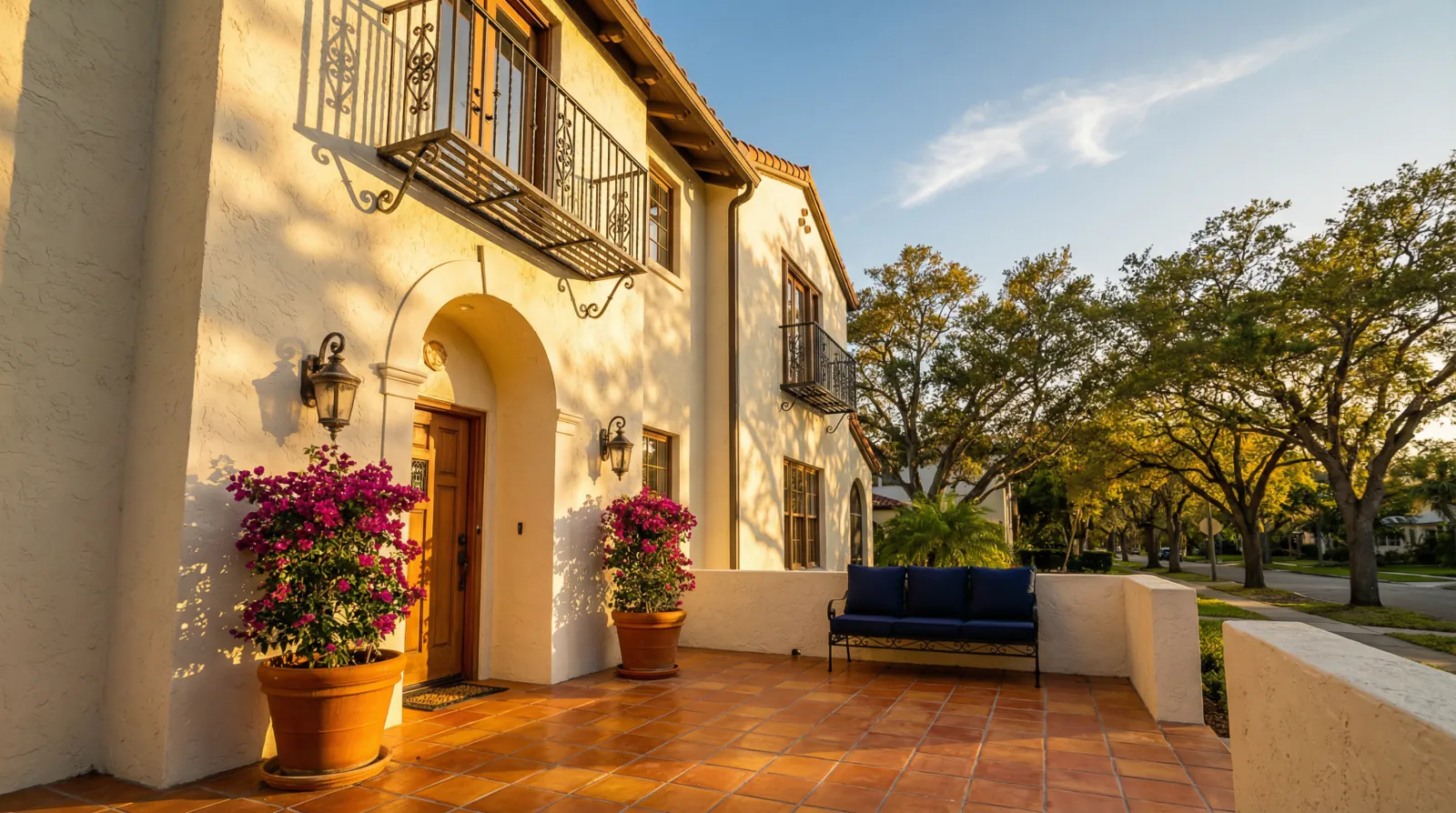 Saltillo tile entry patio at a Mediterranean style home in Tampa Bay