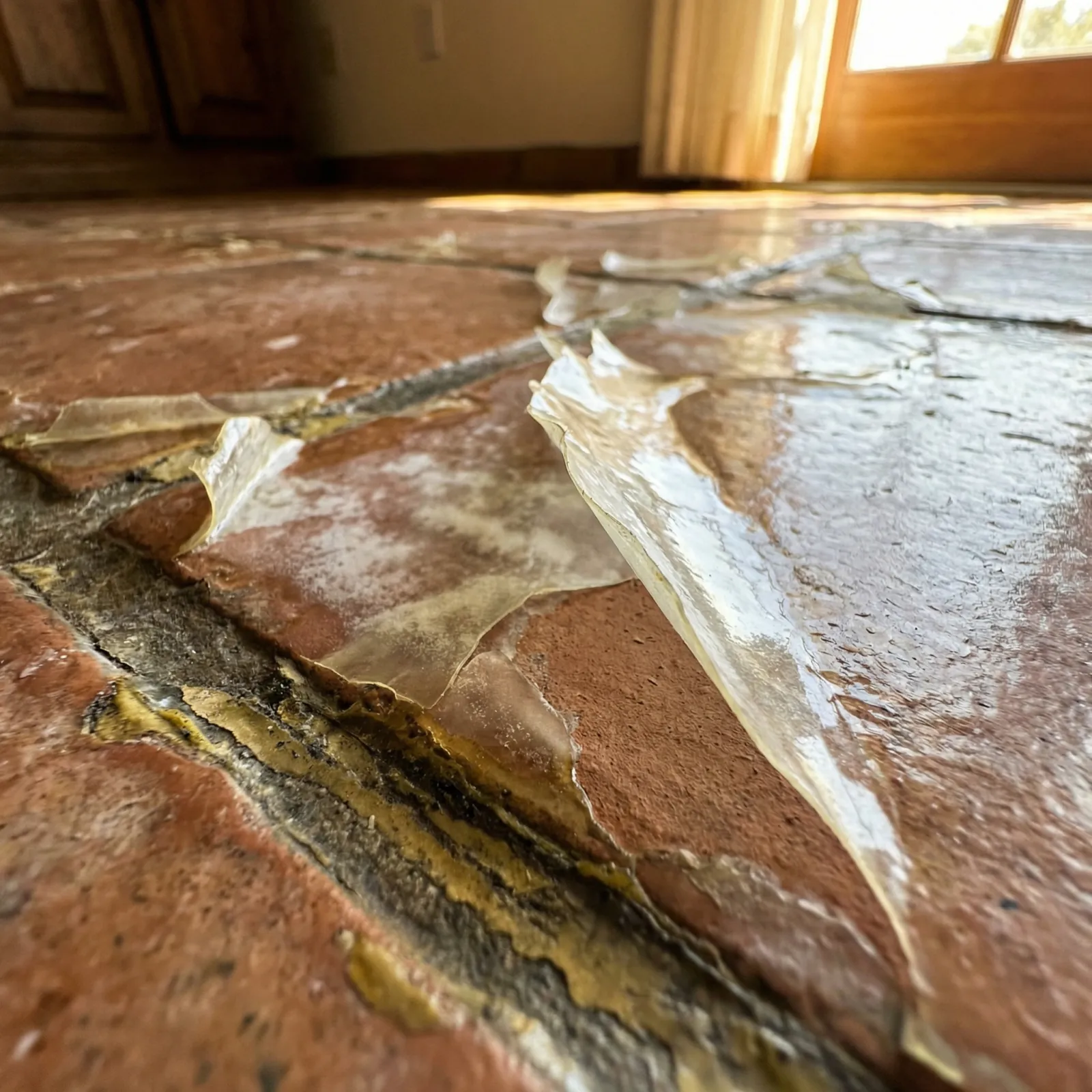 Old sealer yellowed and peeling off a Saltillo tile floor in sheets