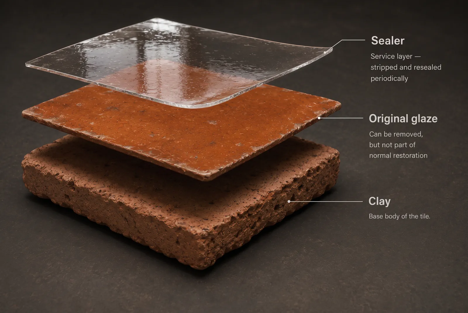 Saltillo tile cleaning in Tampa: a cross-section of a Saltillo tile showing the clay body, a finish layer, and the sealer on top that is stripped and resealed