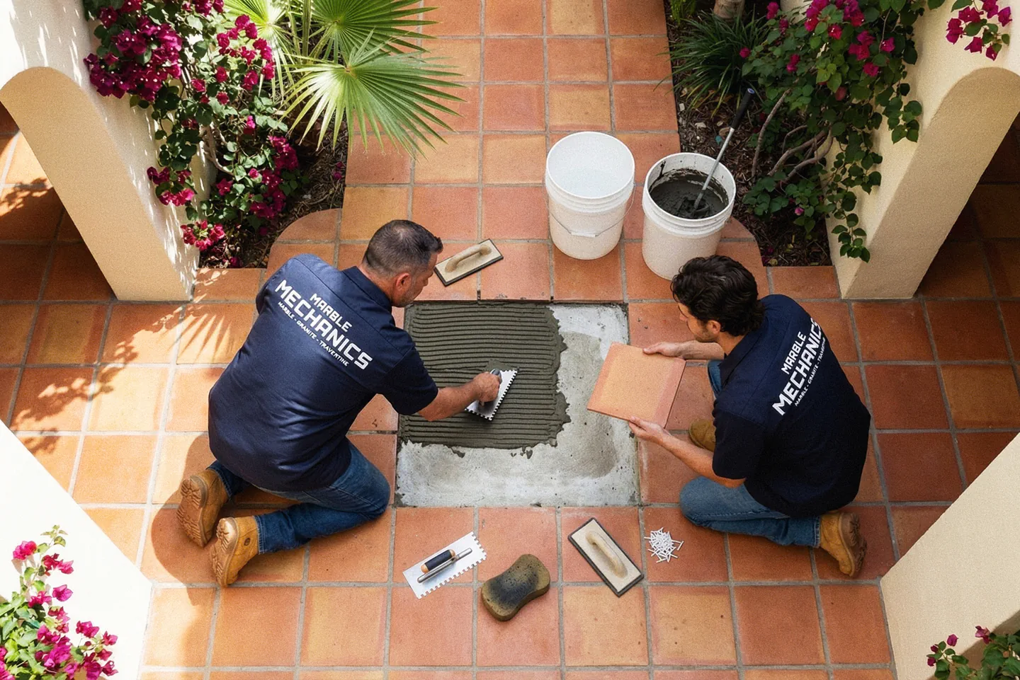 Saltillo tile repair in Tampa: two Marble Mechanics technicians setting a replacement Saltillo tile into an existing courtyard floor