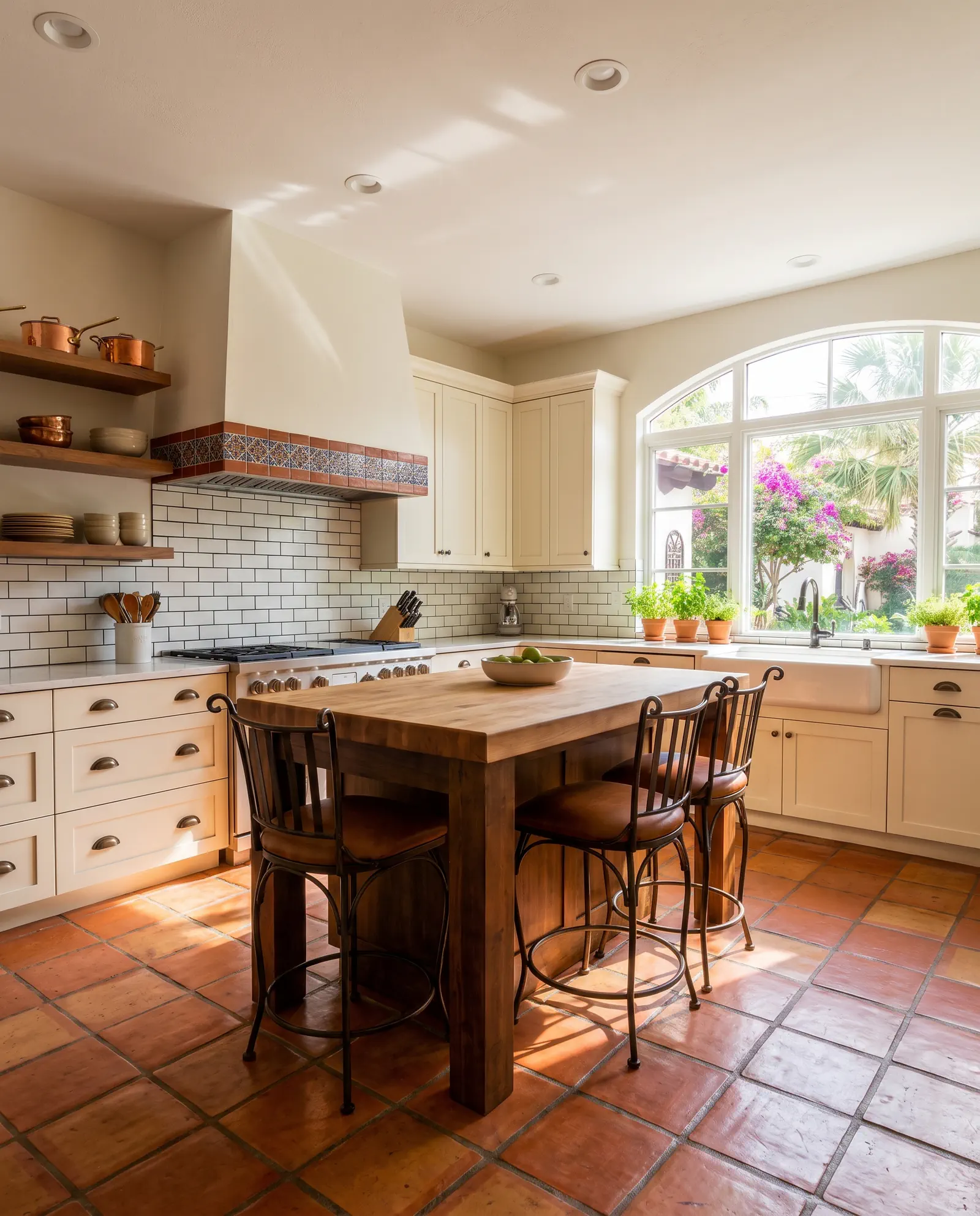 Polished Saltillo tile floor in a Tampa Mediterranean kitchen