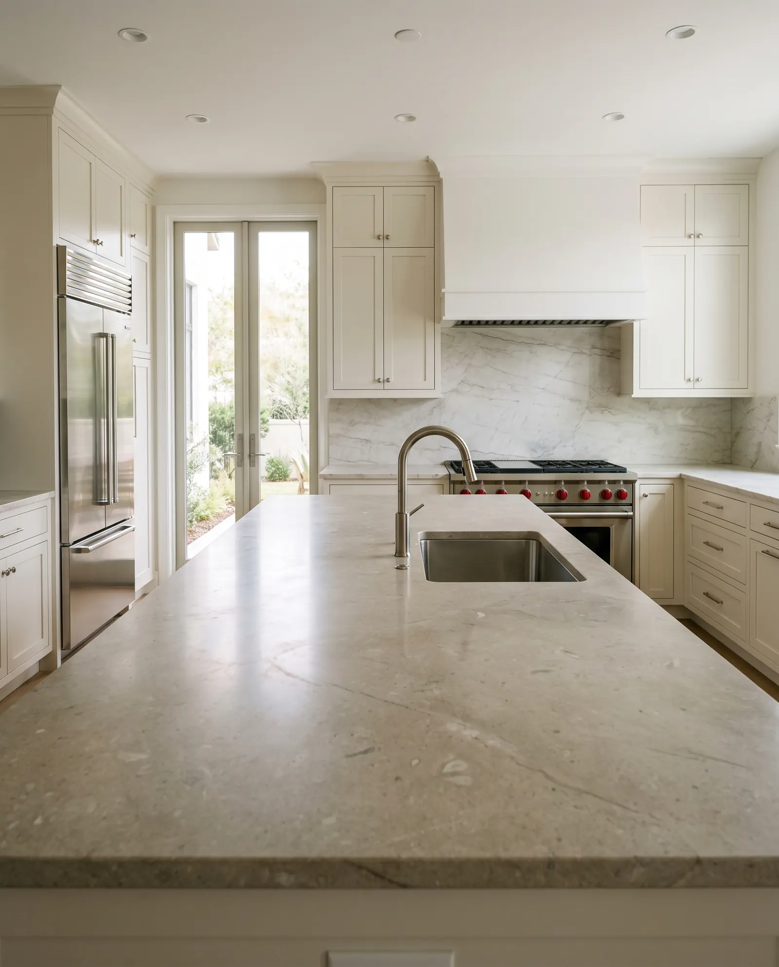 Polished marble kitchen island countertop in a Tampa Bay home
