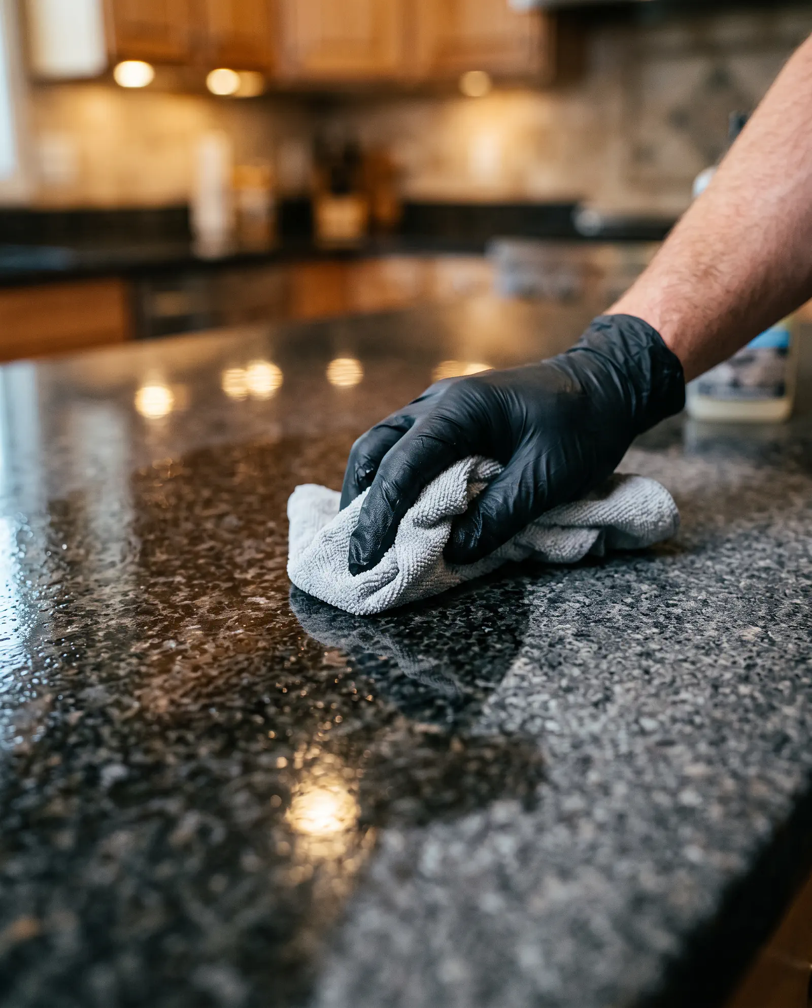 Professional stone sealing: a penetrating sealer wiped across a granite countertop in Tampa Bay