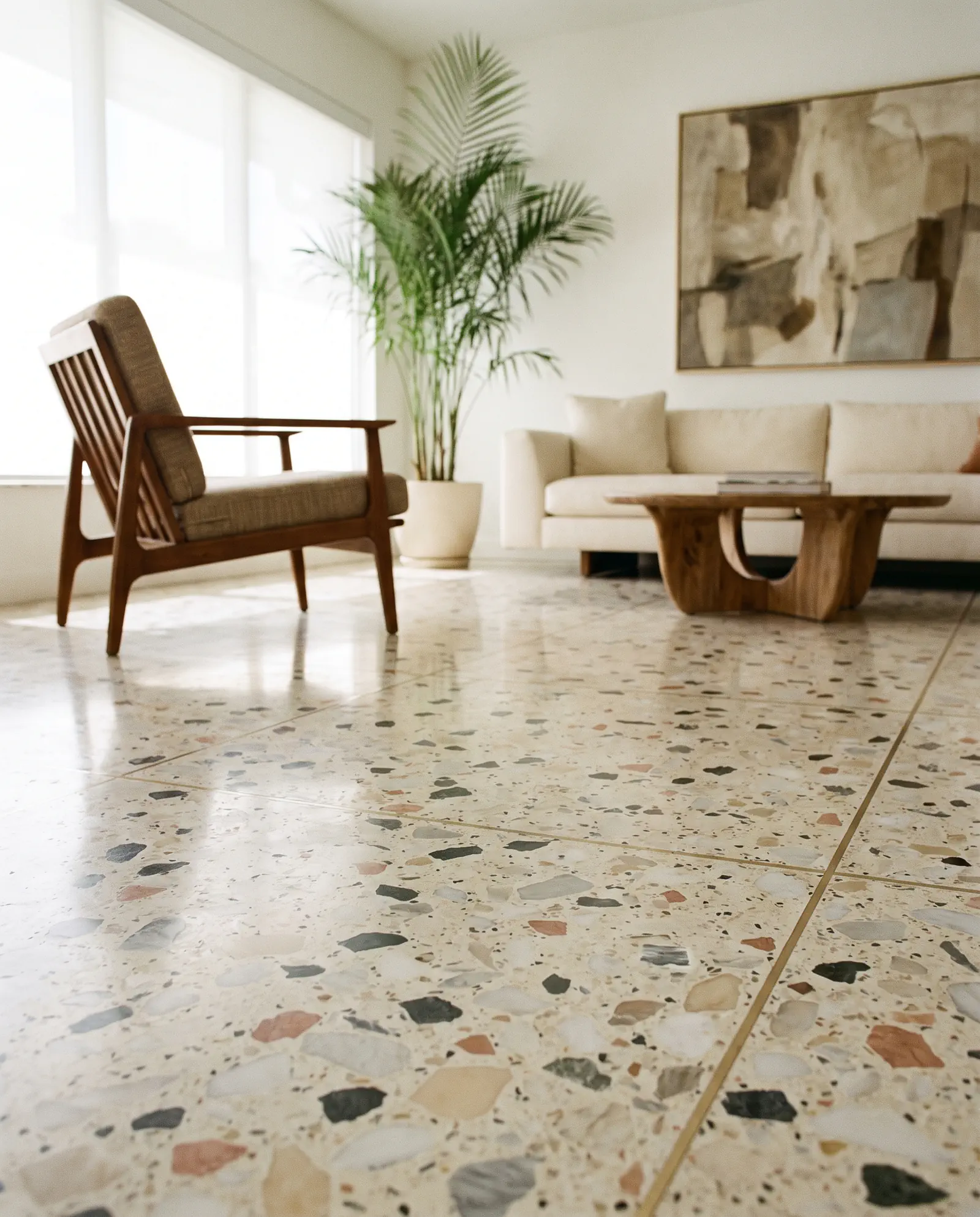 Terrazzo restoration in Tampa: a polished mid century terrazzo floor with brass divider strips in a Tampa Bay living room