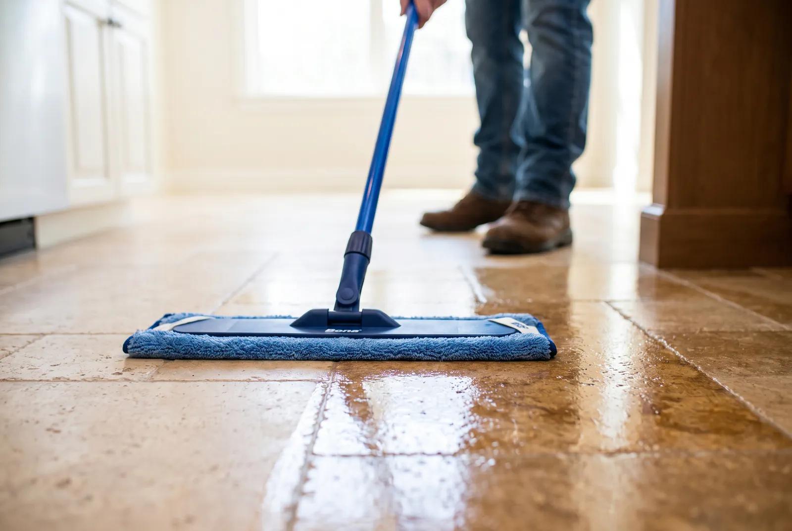Professional stone sealing: sealer applied to a travertine tile floor with a microfibre flat mop in Tampa Bay